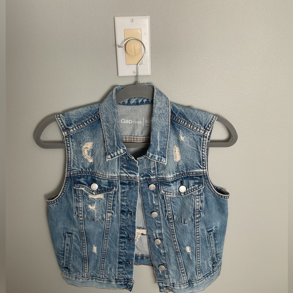 GAP Blue Denim Vest with Distressed Details